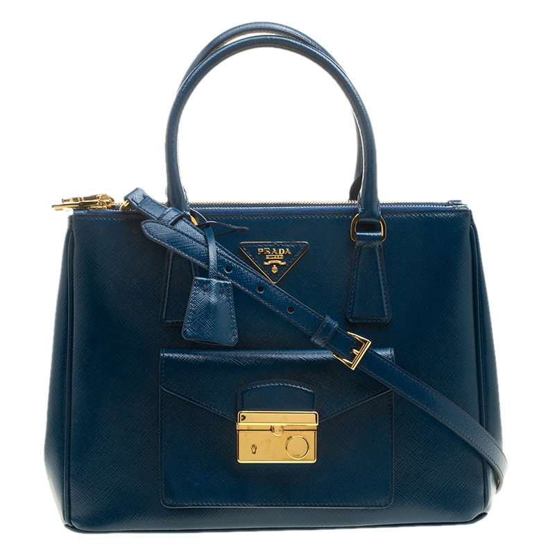 Pre Owned Prada Ocean Blue Saffiano Patent Leather Medium Front Pocket Double Zip Lux Tote 