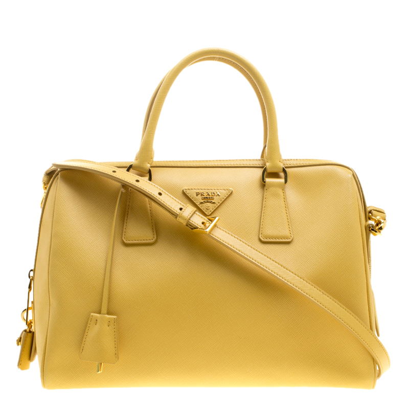 Pre Owned Prada Yellow Saffiano Leather Bauletto Satchel