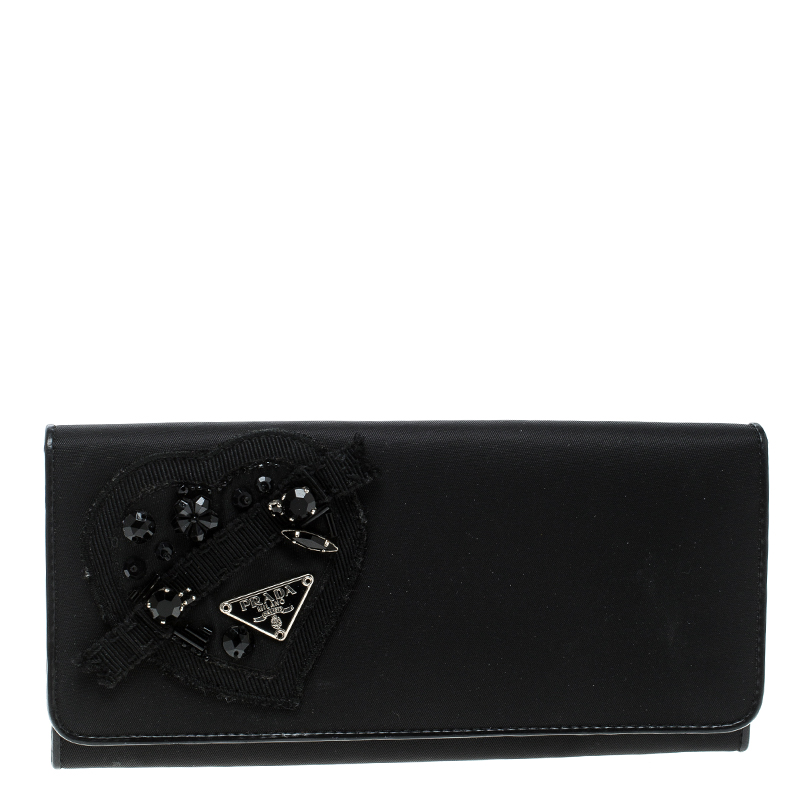 Pre Owned Prada Black Nylon Embellished Continental Wallet