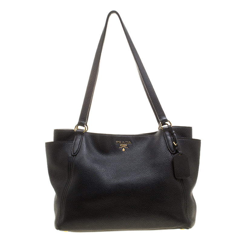 Pre Owned Prada Black Vitello Daino Leather Shopper Tote