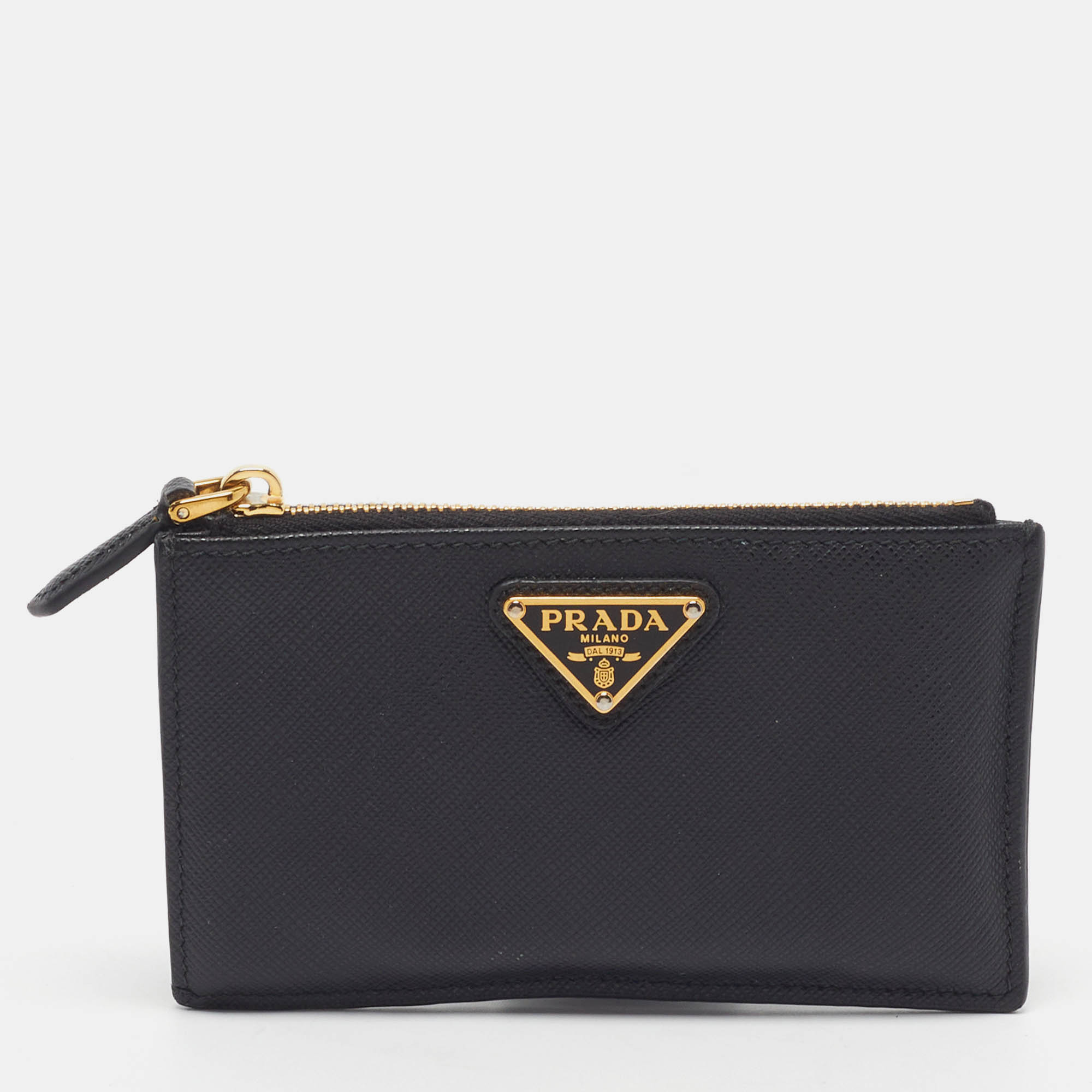 Pre-owned Prada Tiangle Logo Black Saffiano Metal Leather Zip Card Case