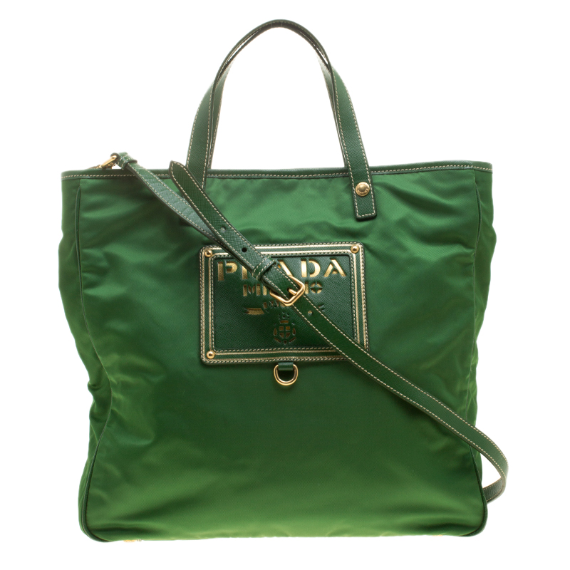 Pre Owned Prada Green Tessuto and Leather Retro Tote