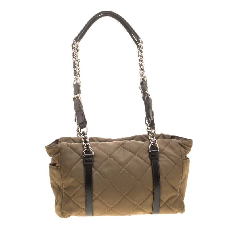 Pre Owned Prada Khaki Quilted Nylon Shoulder Bag