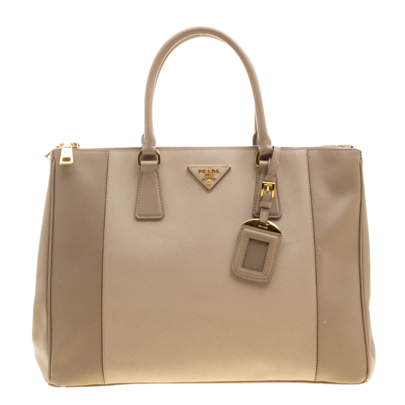 Pre Owned Prada Beige Saffiano Lux Leather Large Double Zip Tote
