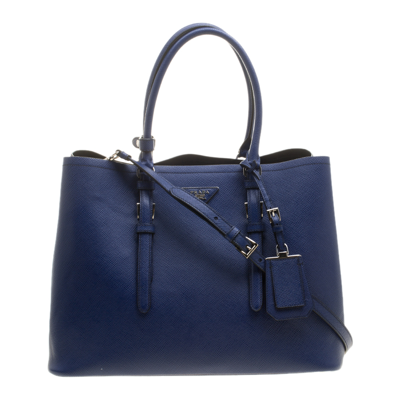 Pre Owned Prada Blue Saffiano Cuir Leather Convertible Tote