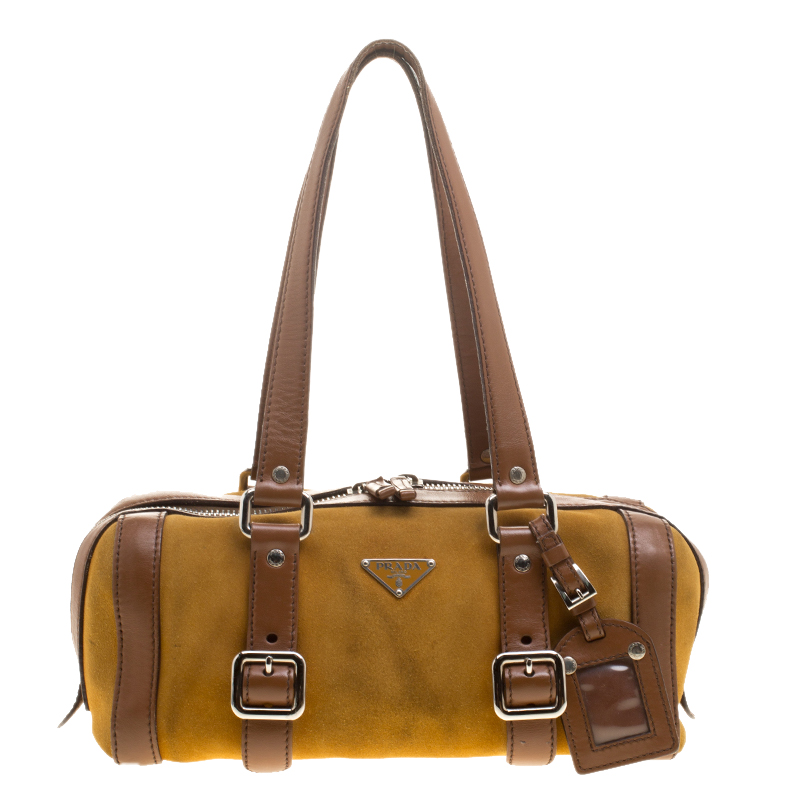 Pre Owned Prada dark Yellow/Brown Suede and Leather Satchel