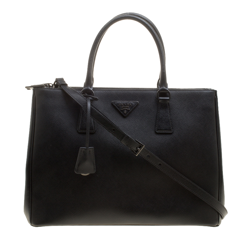 Pre Owned Prada Black Saffiano Lux Leather Medium Double Zip Tote
