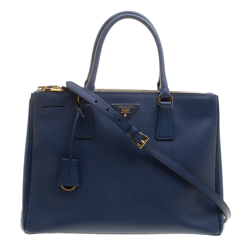 Pre Owned Prada Blue Saffiano Lux Leather Medium Double Zip Tote