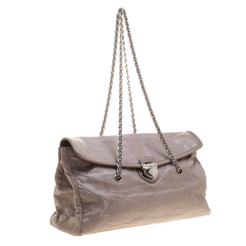 Prada Grey Leather Push Lock Satchel