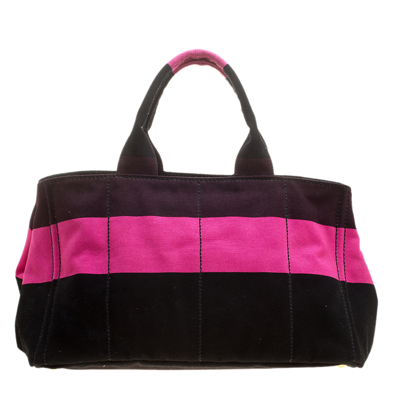 Pre Owned Prada Pink/Black Stripe Canvas Large Tote