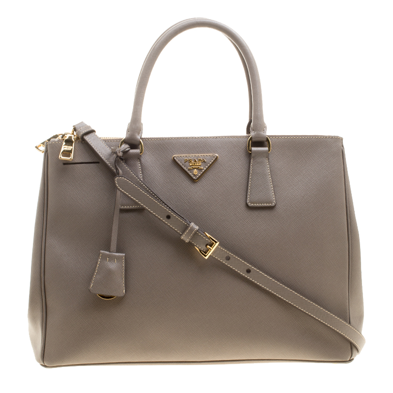 Pre Owned Prada Grey Saffiano Lux Leather Medium Double Zip Tote