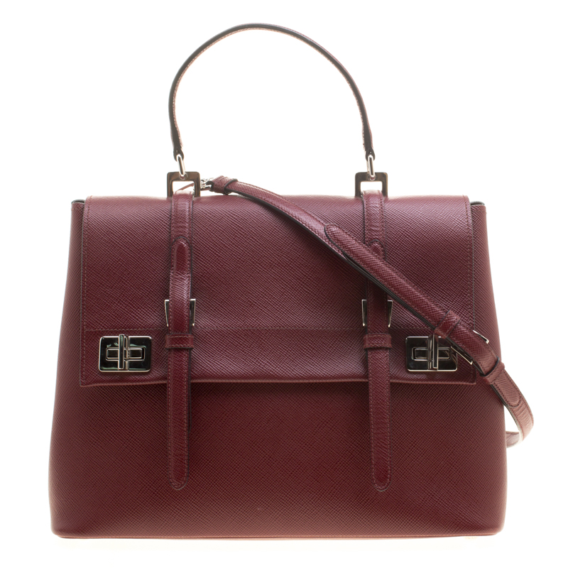 Pre Owned Prada Burgundy Saffiano Lux Leather Top Handle Bag