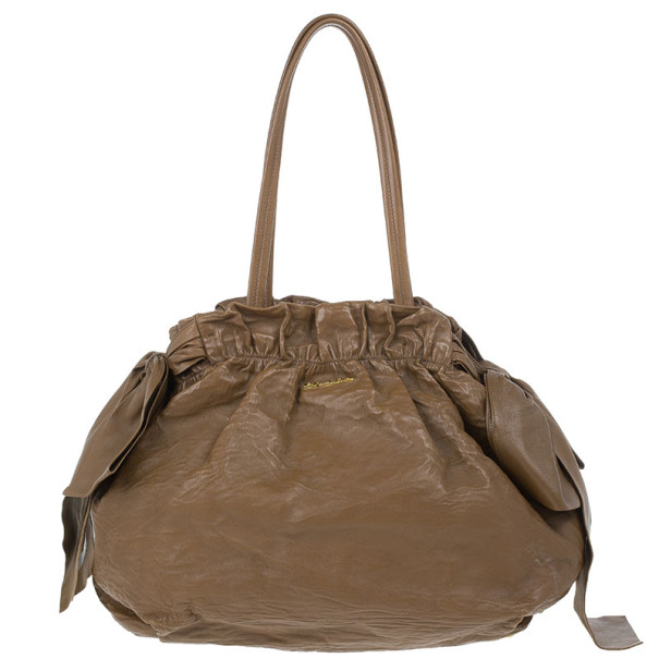 Pre Owned Prada Brown Lambskin Bow Detail Medium Hobo