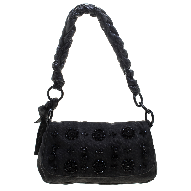 Prada Black Denim Embellished Braided Shoulder Bag