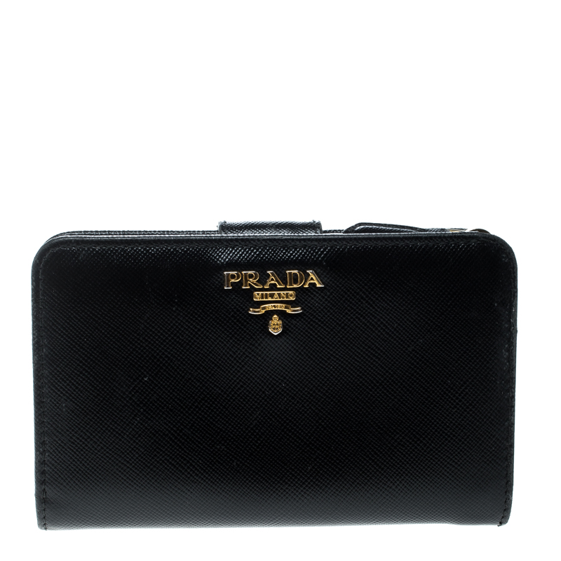 Pre Owned Prada Black Saffiano Metal Leather Zippy Wallet