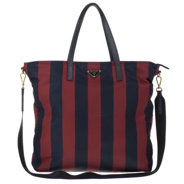 Pre Owned Prada Bicolor Stripped Nylon Shopping Tote