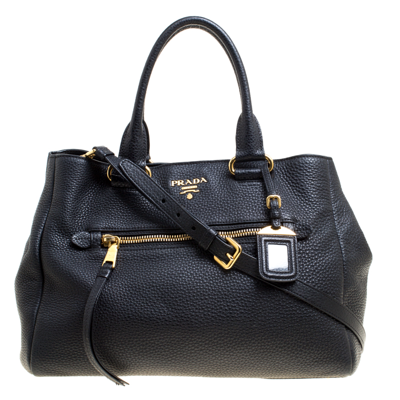 Pre Owned Prada Black Vitello Daino Leather Shopping Tote