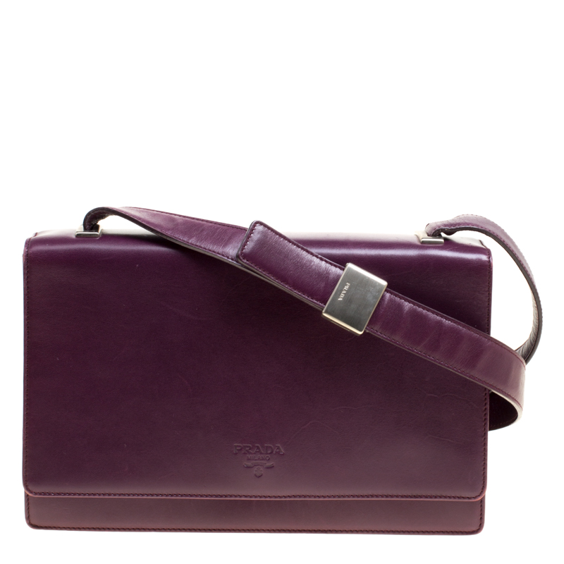 Pre Owned Prada Purple Leather Flap Shoulder Bag