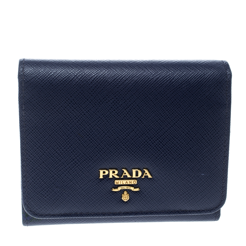 Pre Owned Prada Blue Saffiano Metal Leather Tri Fold Wallet