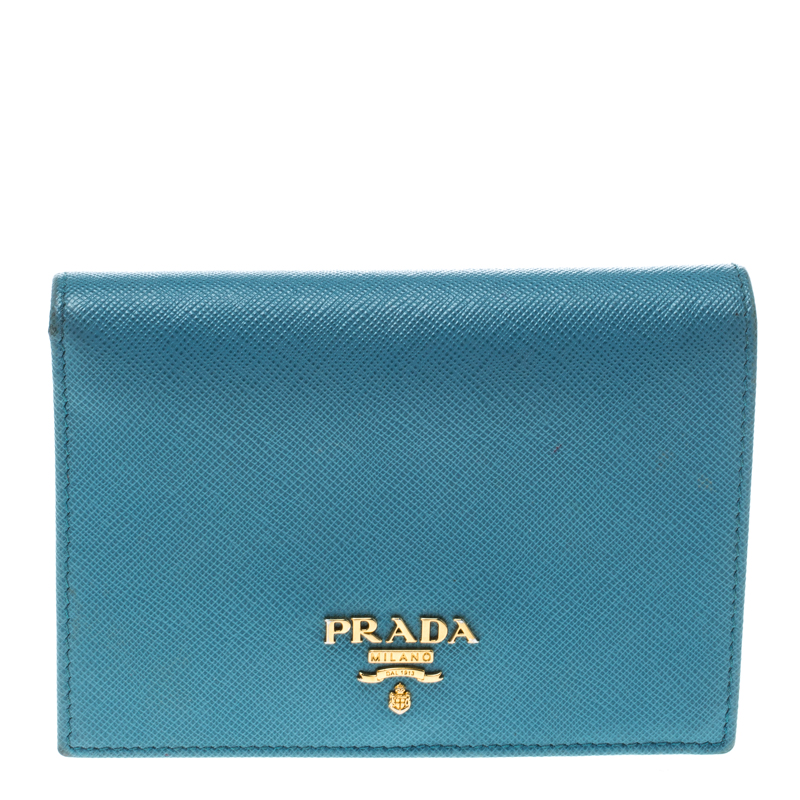 Pre Owned Prada Sky Blue Saffiano Metal Leather Snap Wallet