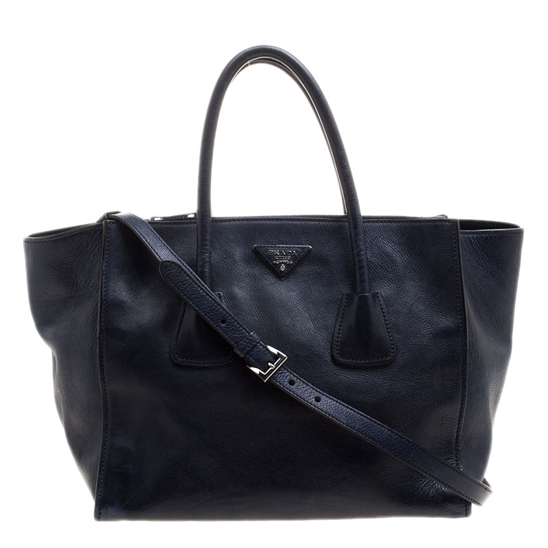 Pre Owned Prada Navy Blue Leather Double Zip Tote