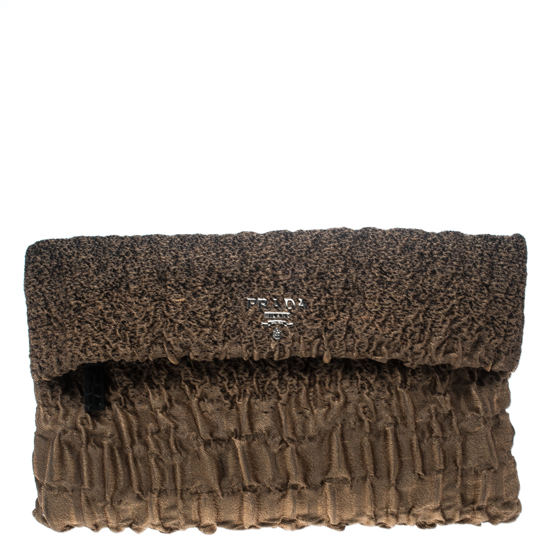 Pre Owned Prada Brown Cloquet Fabric Folders Clutch