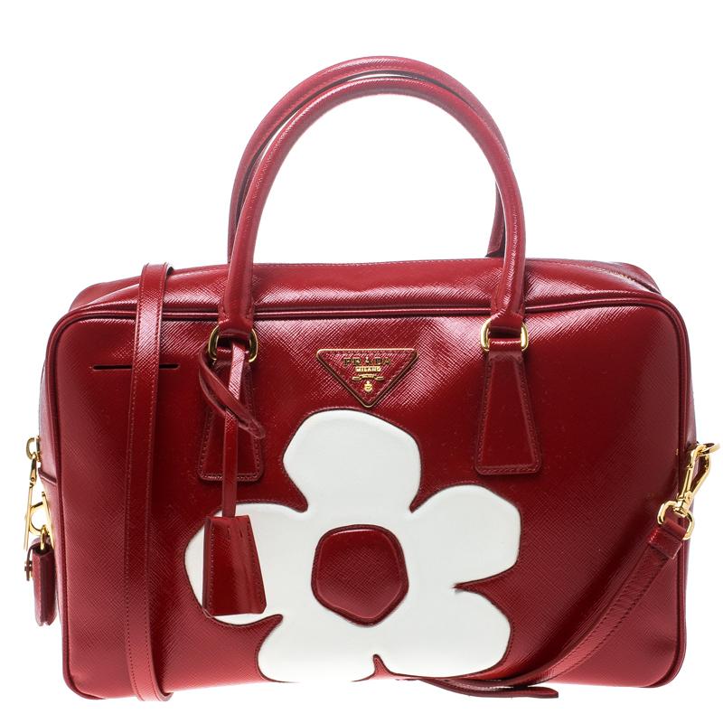 Pre Owned Prada Red and White Saffiano Vernice Patent Leather Bauletto Flower Top handle Bag