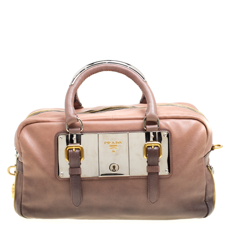 Pre Owned Prada Brown/Black Ombre Glace Leather Zippers Bauletto Bag