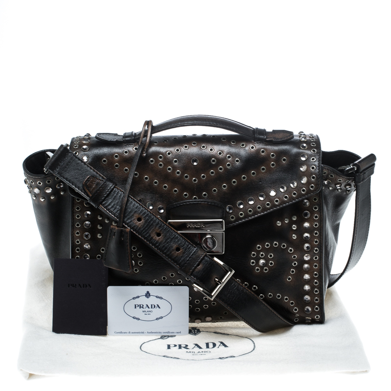 Pre-owned Prada Dark Brown Vitello Vintage Leather Eyelet Crystal Embellished Top Handle Bag