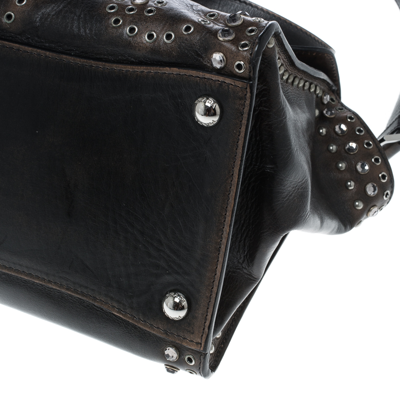 Pre-owned Prada Dark Brown Vitello Vintage Leather Eyelet Crystal Embellished Top Handle Bag