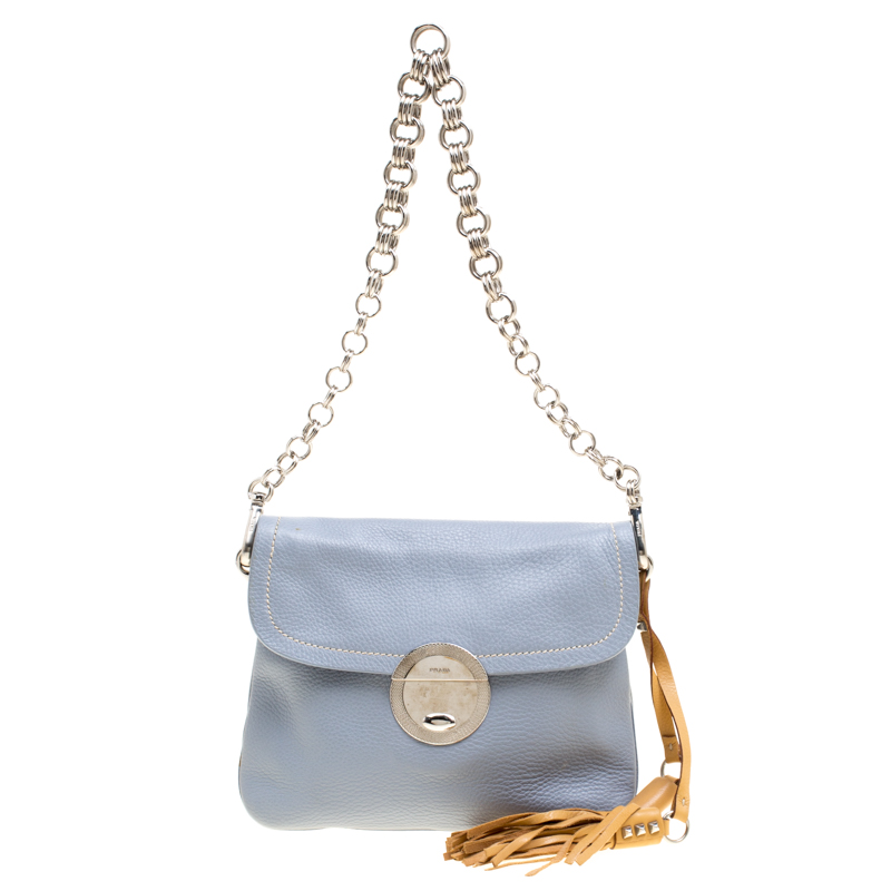 Pre Owned Prada Pale Blue/Beige Leather Tassel Shoulder Bag