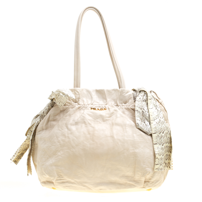 Pre Owned Prada Light Beige Leather and Python Bow Hobo