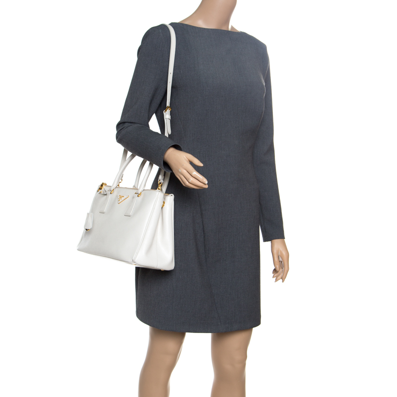 

Prada White Saffiano Lux Leather Medium Double Zip Tote