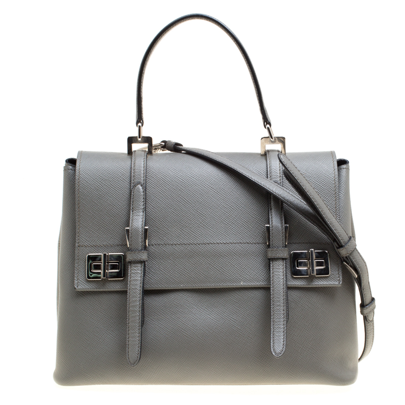 Prada Grey Saffiano Cuir Leather Double Turn Lock Satchel Prada | The ...