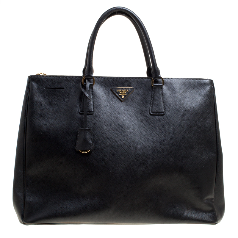 Pre Owned Prada Black Saffiano Lux Leather Executive Double Zip Tote