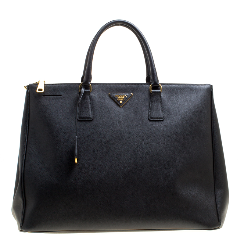 Pre Owned Prada Black Saffiano Lux Leather Executive Double Zip Tote