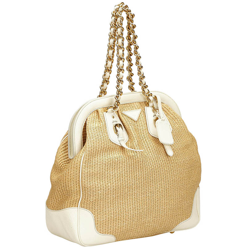 

Prada Brown Leather And Straw Chain Shoulder Bag, Beige