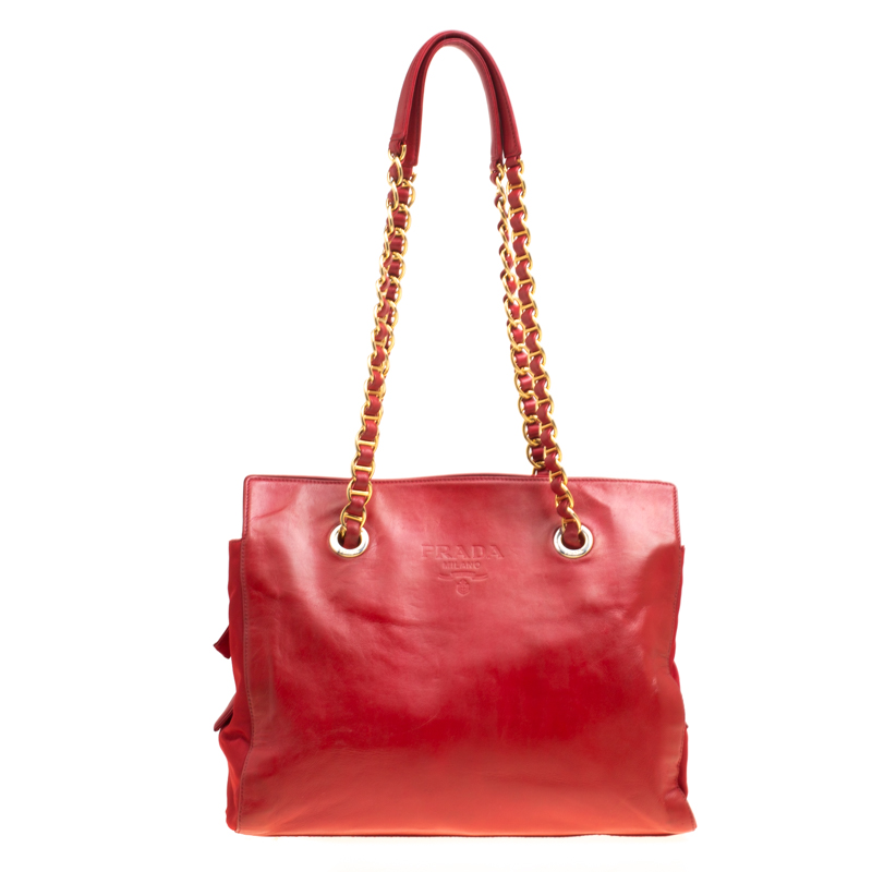 Pre Owned Prada Red Leather and Nylon Chain Handle Tote 
