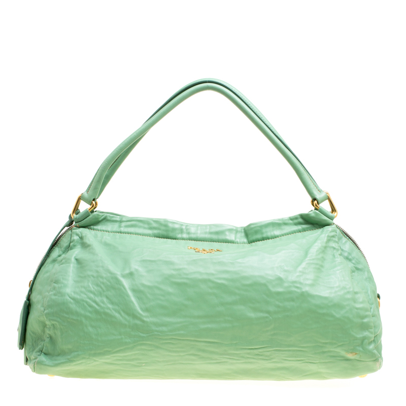 Pre Owned Prada Green Leather Bowler Bag