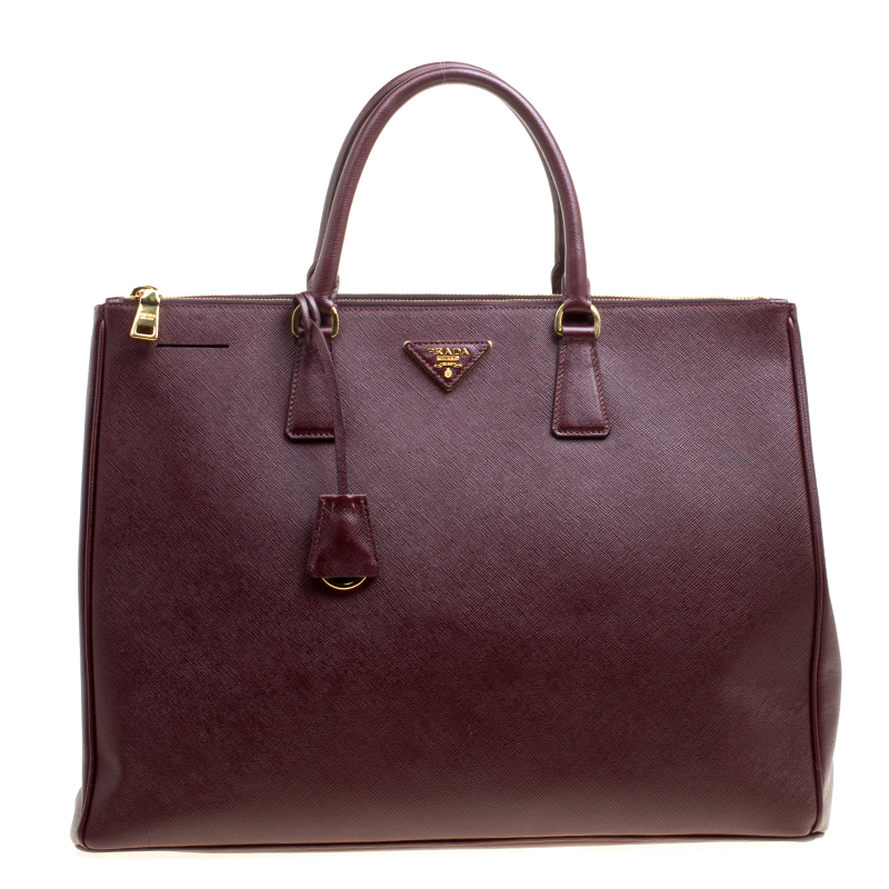 Pre Owned Prada Burgundy Saffiano Lux Leather Executive Double Zip Tote