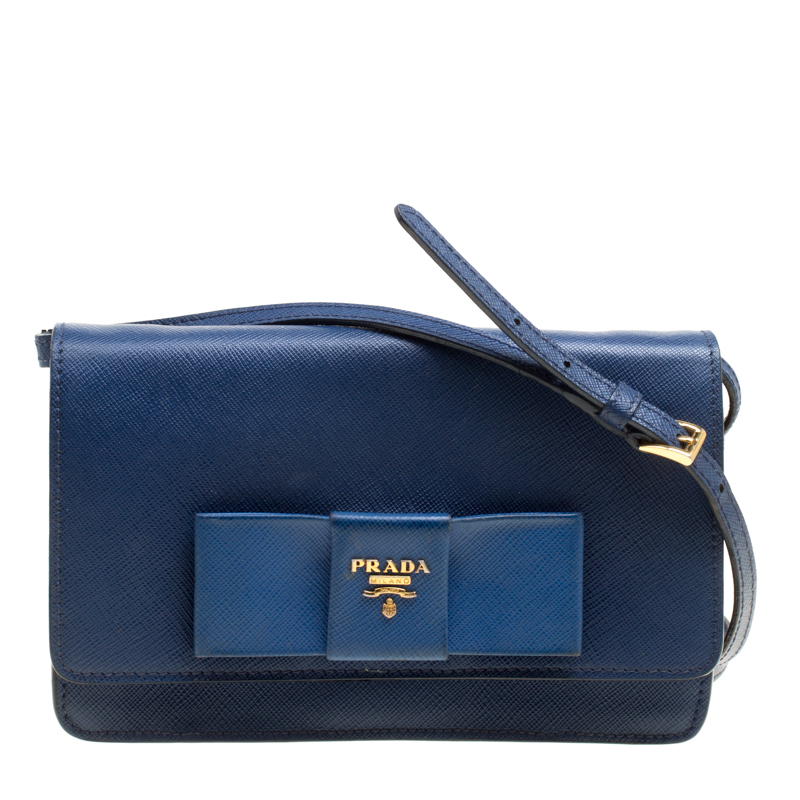 Pre Owned Prada Blue Saffiano Lux Leather Bow Clutch