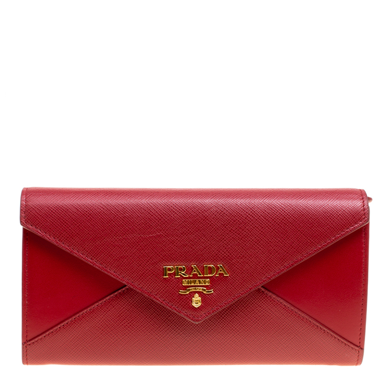 Pre Owned Prada Red Saffiano Lux and City Calf Leather Envelope Continental Wallet