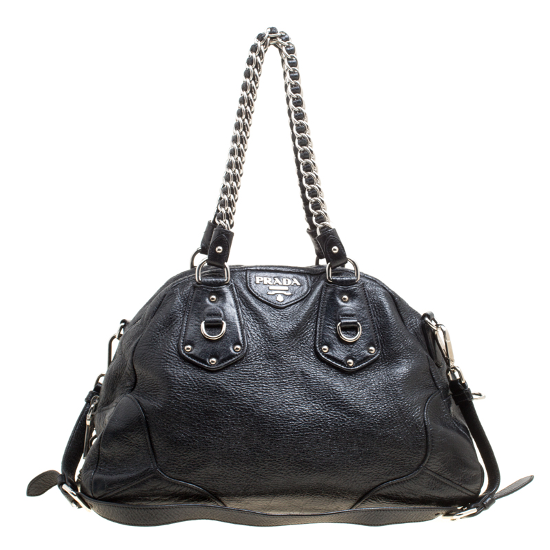 Pre Owned Prada Black Shimmering Leather Top Handle Bag