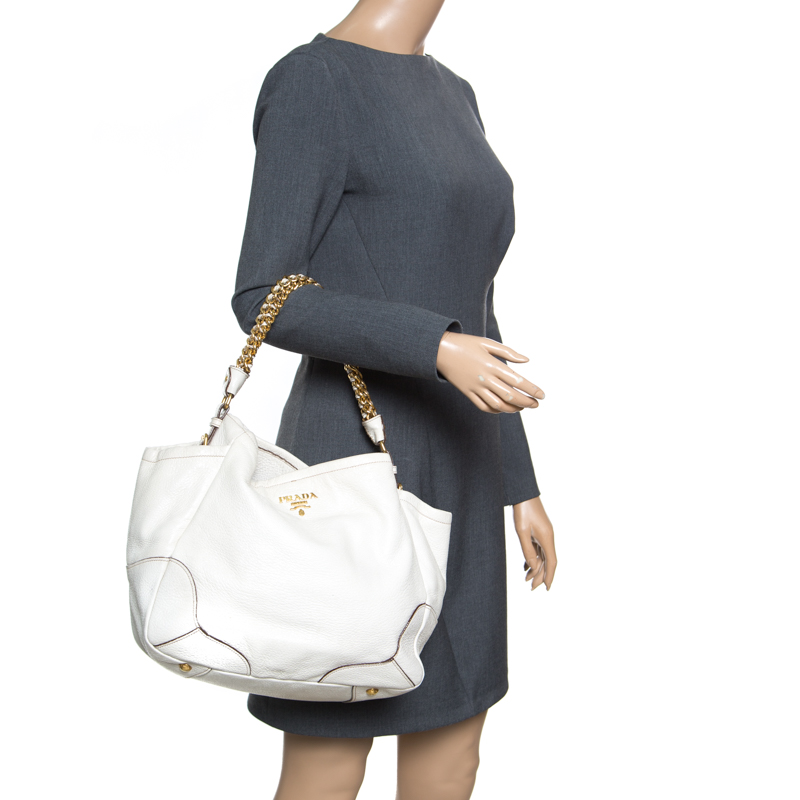 

Prada White Shimmering Deerskin Leather Chain Hobo