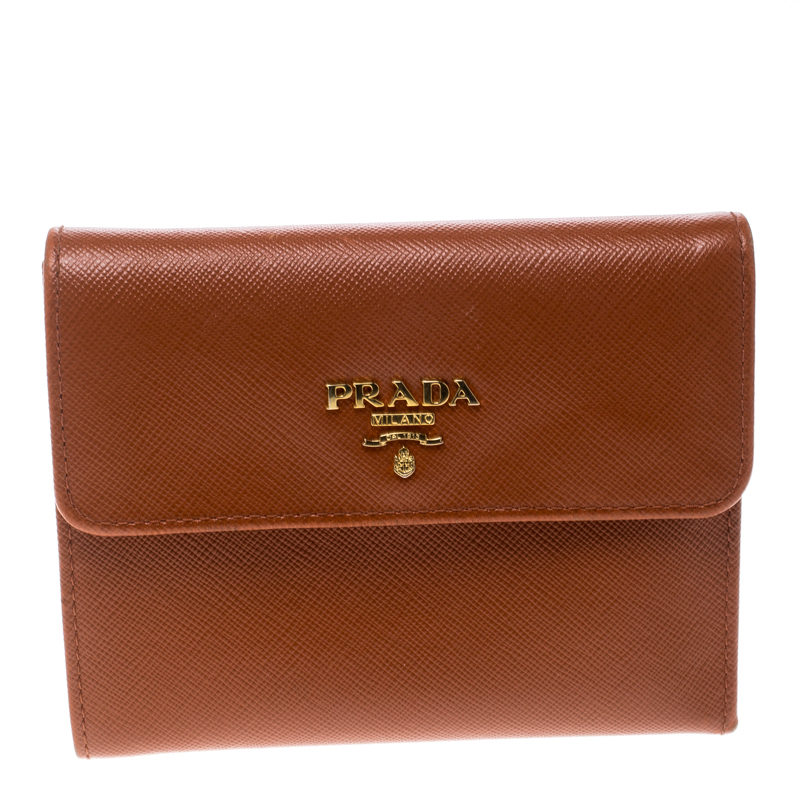 Pre Owned Prada Orange Saffiano Lux Leather Trifold Wallet