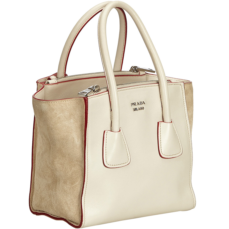 

Prada Ivory Glace Calfskin Leather and Suede  Twin Pocket Double Handle Tote Bag, Beige