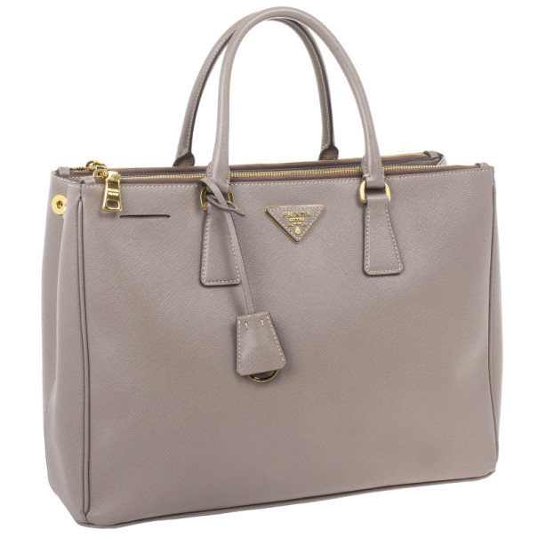 $2800 Prada Saffiano Lux Double Zip Grey Leather Large Tote Bag