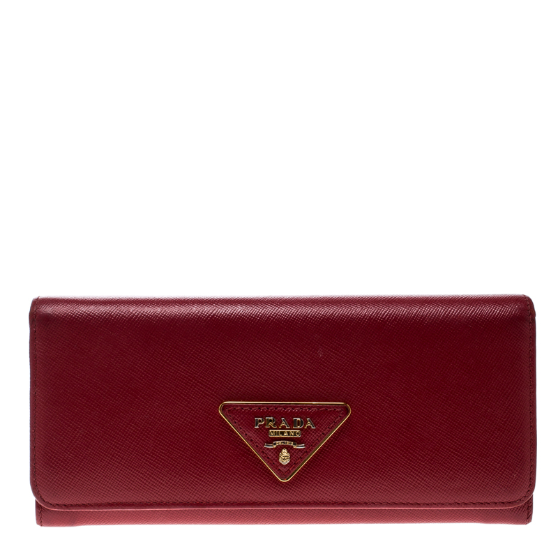 Pre Owned Prada Red Saffiano Leather Continental Wallet