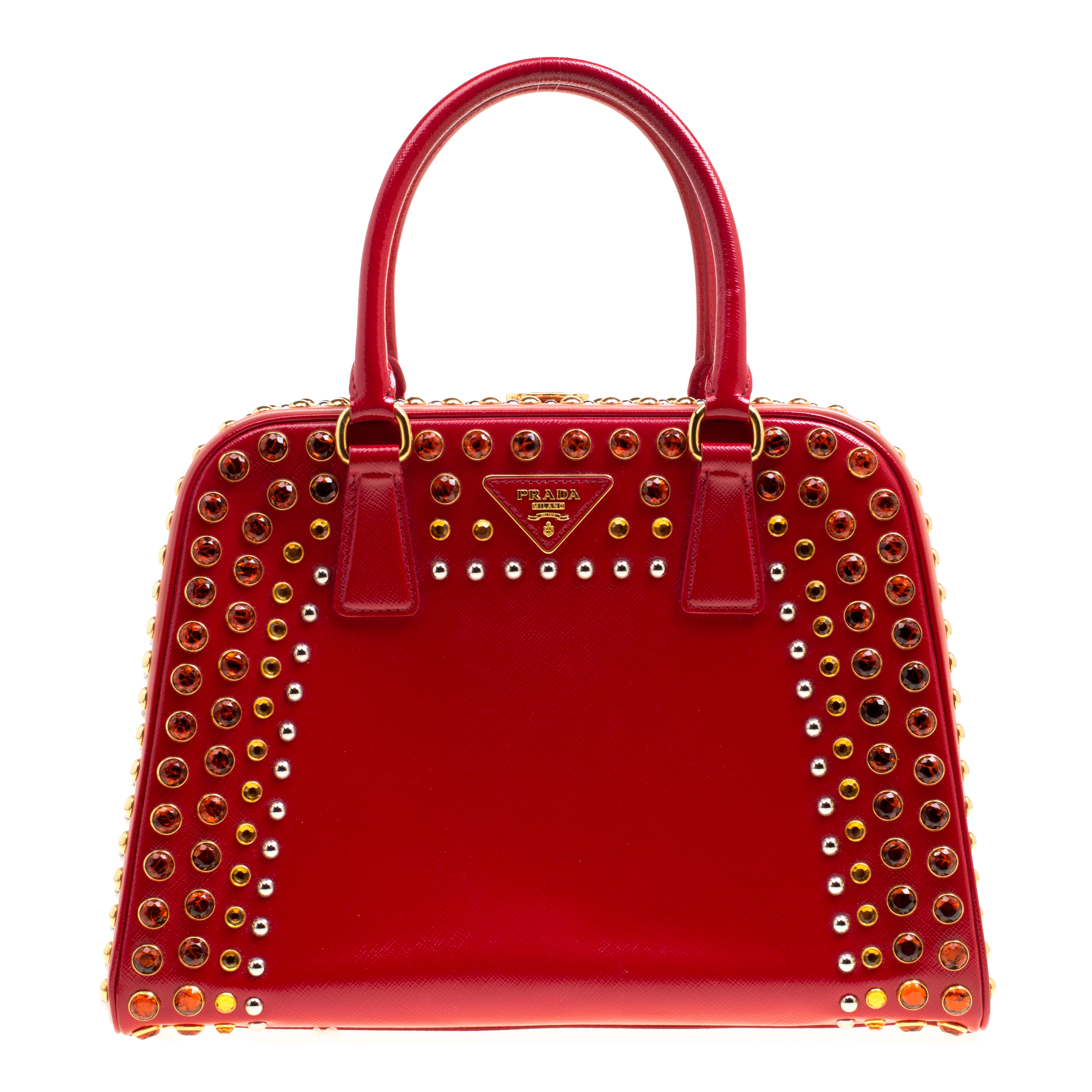 Prada Red Patent Leather Pyramid Frame Top Handle Bag