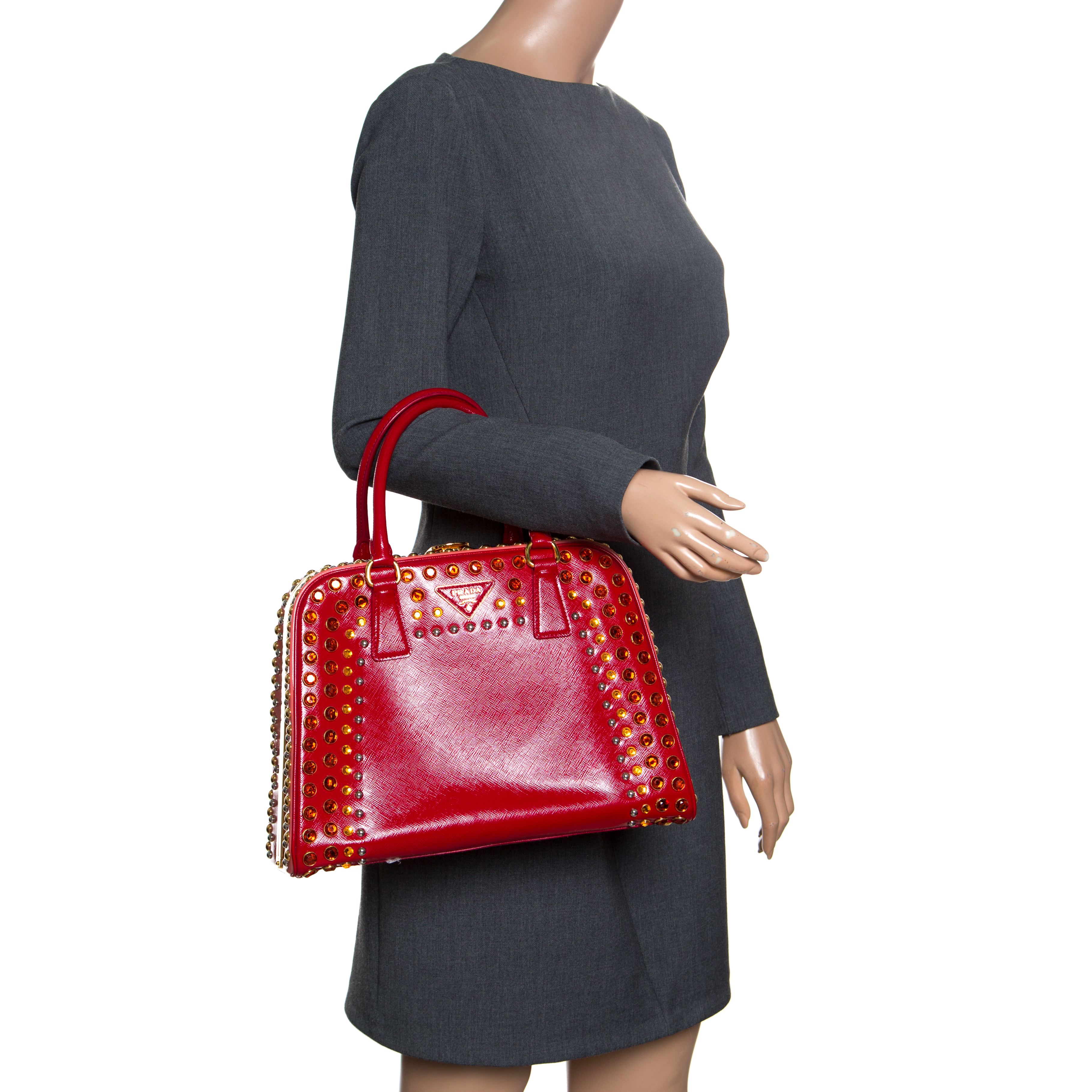 

Prada Red Patent Leather Pyramid Frame Top Handle Bag